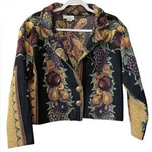 Vintage Paco Soler women’s S/M fruit tapestry long sleeve black blazer jacket